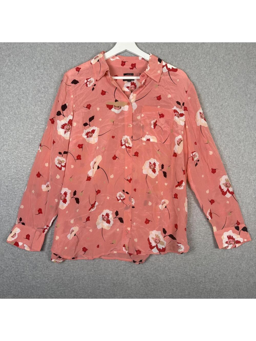Talbots Women Size Large Petite Washable Silk Pink Floral Button Down Blouse Top